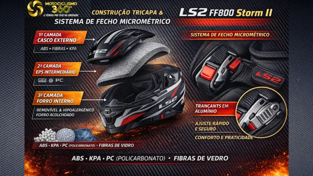 Review LS2 FF800 Storm II: O Melhor Capacete Custo-Benefício de 2026? 4 Capacete LS2 FF800 Storm II em visão detalhada com construção tricapa e sistema de fecho micrométrico.