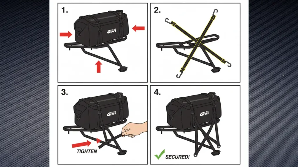 Diagrama passo a passo de instalação da bolsa impermeável Givi com sistema de cintas em X