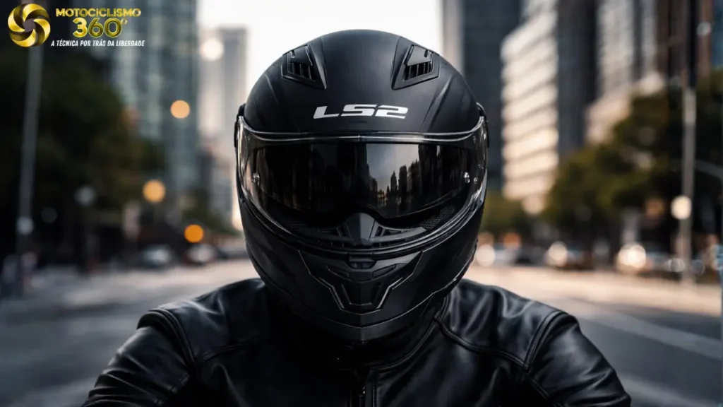 Review LS2 FF800 Storm II: O Melhor Capacete Custo-Benefício de 2026? 2 Motociclista usando capacete LS2 preto com design aerodinâmico e viseira refletiva em ambiente urbano.