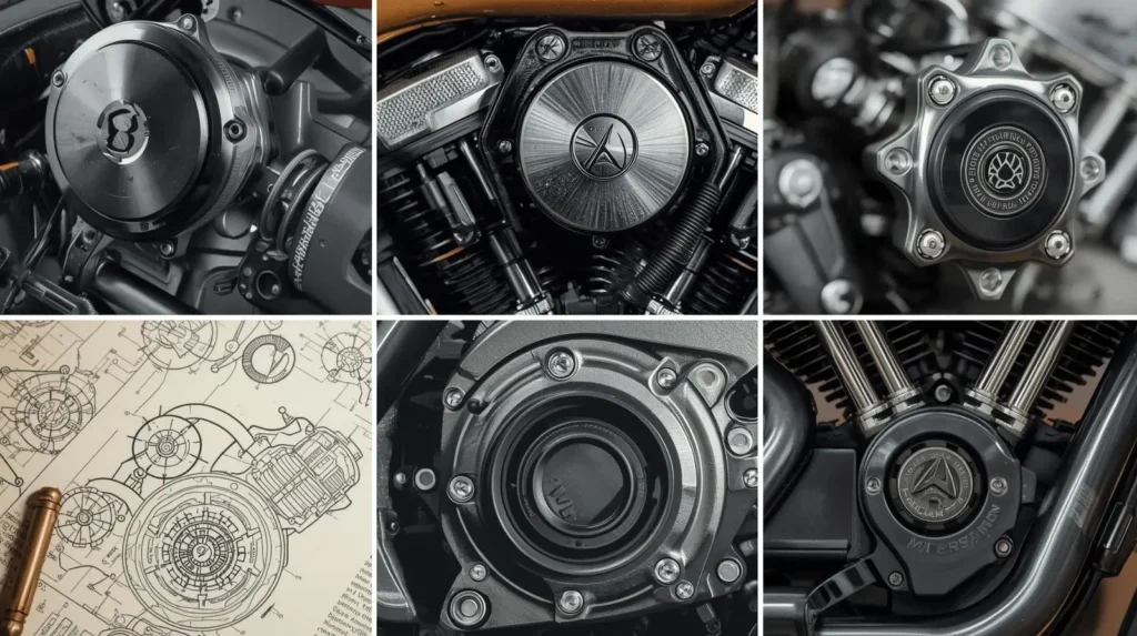 Colagem de peças e desenhos técnicos de motores de motocicletas, simbolizando inovação e engenharia  com análise técnica de equipamentos no Motociclismo360