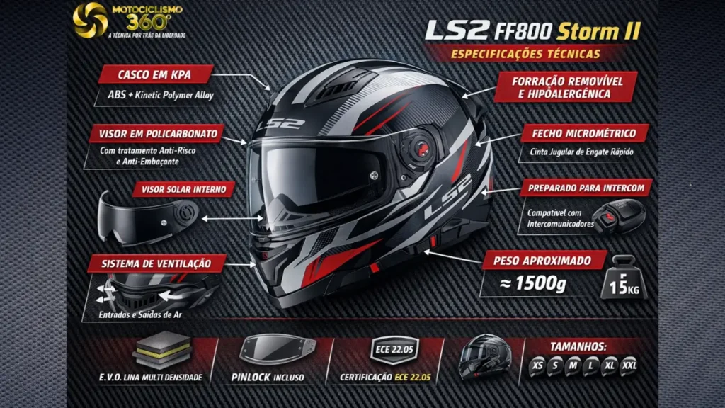 Review LS2 FF800 Storm II: O Melhor Capacete Custo-Benefício de 2026? 3 Capacete LS2 FF800 Storm II com especificações técnicas detalhadas, incluindo visor solar interno e certificação ECE.