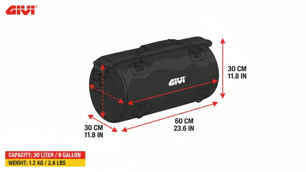  Infográfico com dimensões e especificações técnicas completas da bolsa impermeável Givi EA114BK