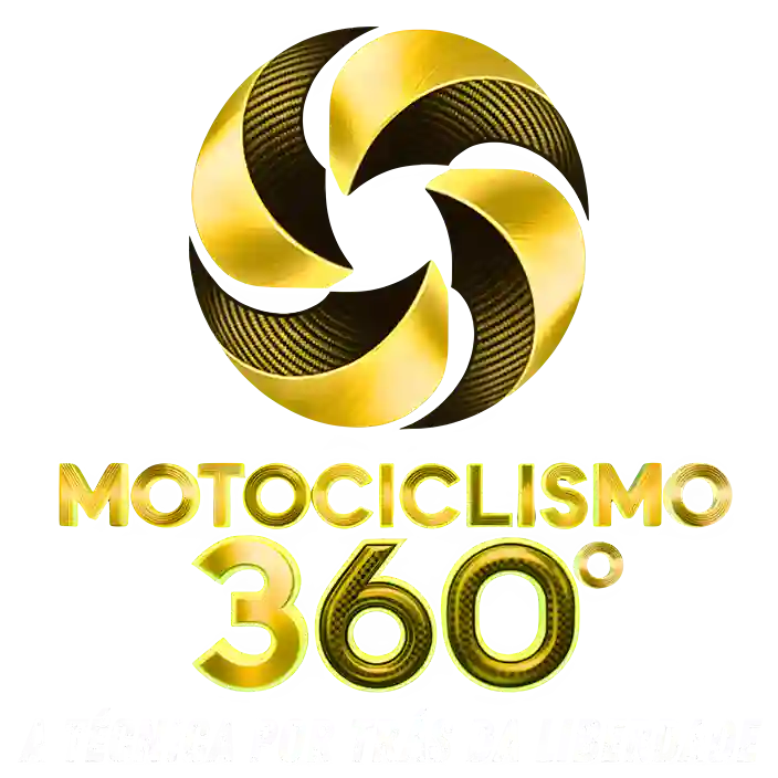 Logotipo metálico com turbina estilizada e texto “Motociclismo 360°” sobre fundo tecnológico cinza, simbolizando inovação e energia no motociclismo.