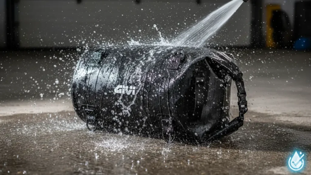 Teste real de impermeabilidade da bolsa impermeável Givi sob água e chuva intensa
