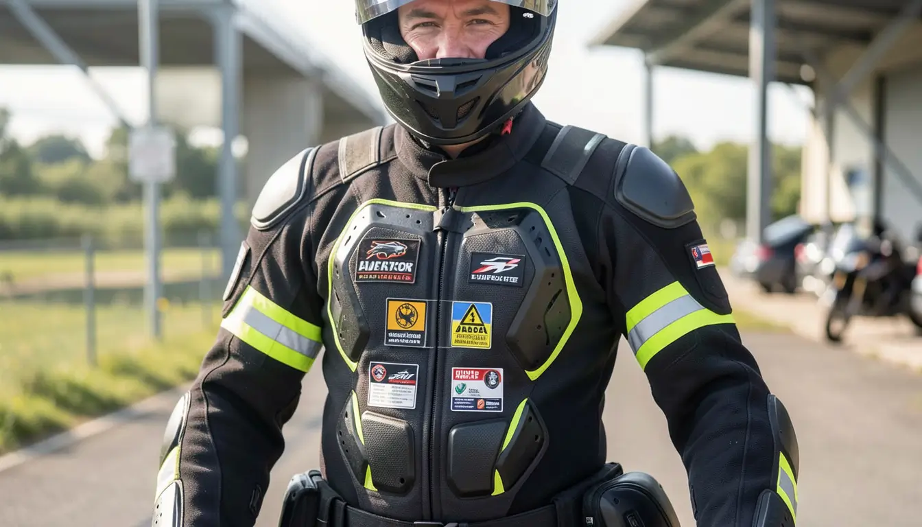 Motociclista com roupas para motociclistas completas, incluindo capacete integral e jaqueta com proteções, em área de estacionamento.