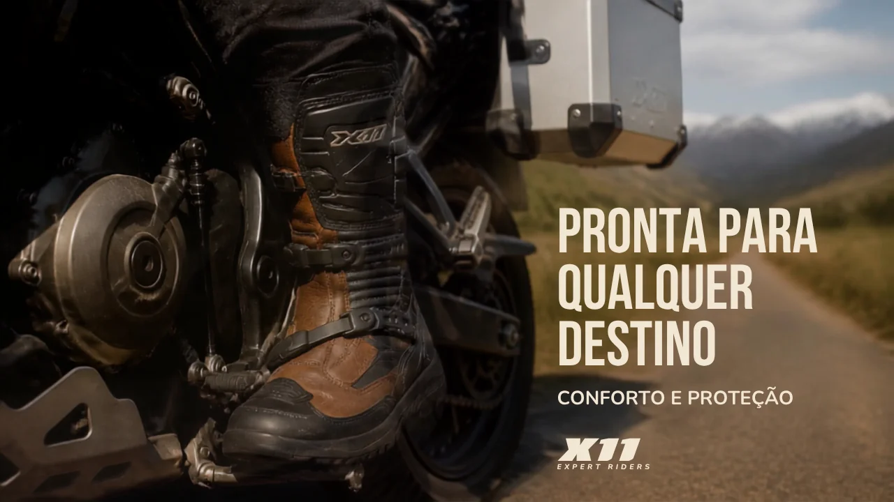 bota para moto X11 cano longo em uso na pedaleira, viagem de touring