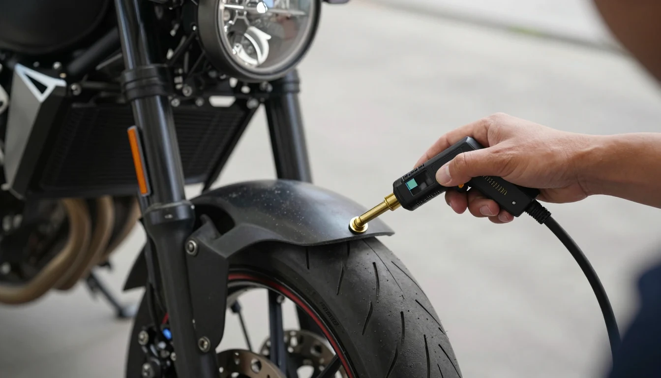 Calibragem de pneu de moto dianteiro com calibrador digital