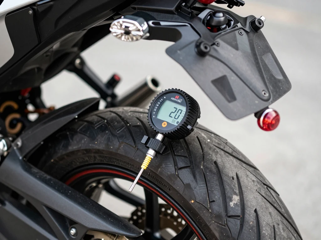 Calibrador digital no pneu traseiro da moto