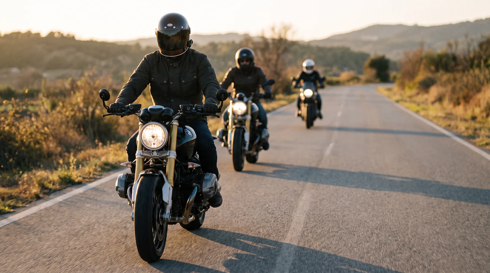 motociclistas pilotando em grupo na estrada usando intercomunicador