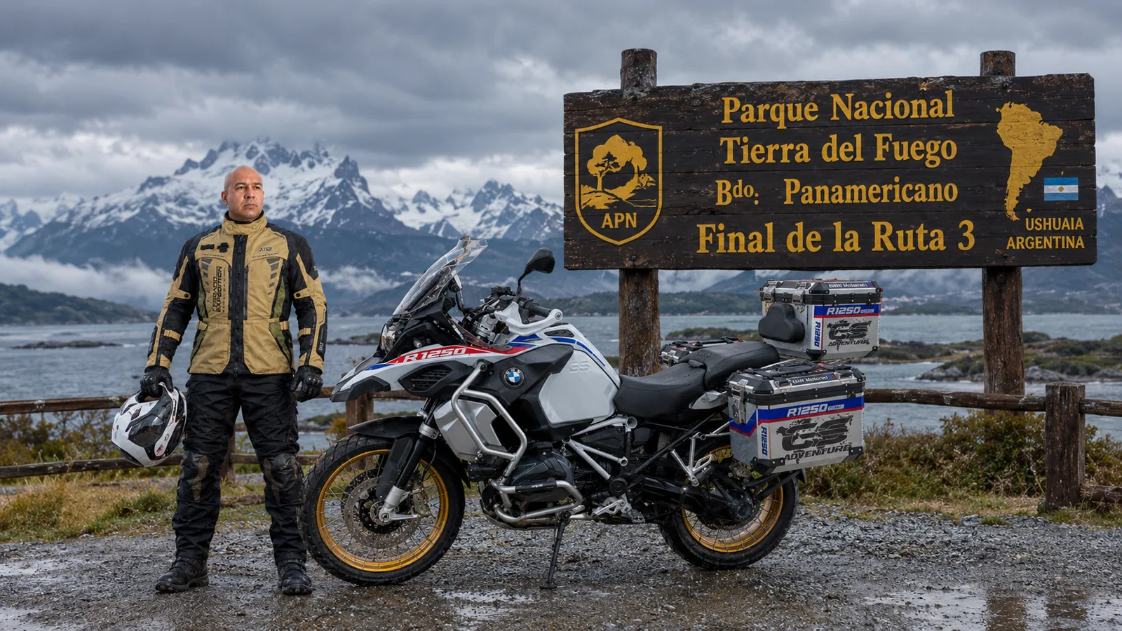 motociclista em Ushuaia, o fim da Rodovia Pan-Americana na Patagonia argentina