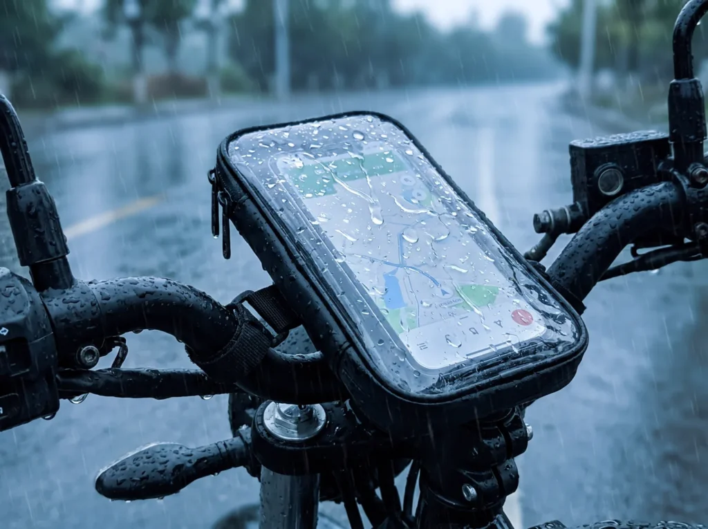 capa impermeável cobrindo um suporte de celular para moto no guidão durante a chuva