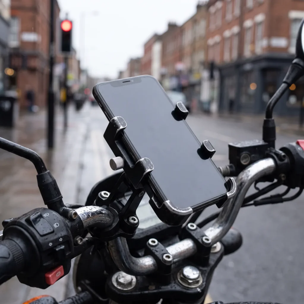 suporte de celular para moto com garra mecânica segurando um smartphone no guidão
