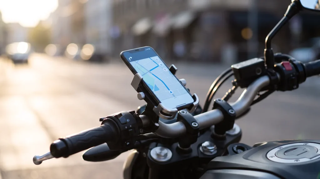 suporte de celular para moto preso ao guidão de uma motocicleta com aplicativo de mapa na tela