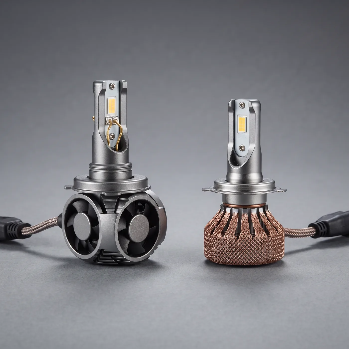 Modelos de lampada LED H4 para moto comparados lado a lado