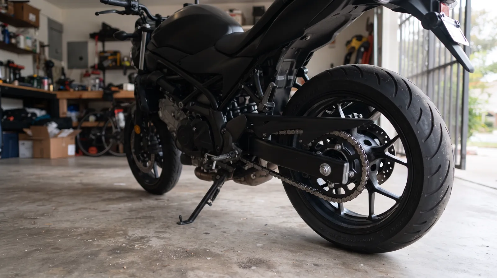 Moto parada na garagem com a corrente à mostra antes de lubrificar corrente de moto