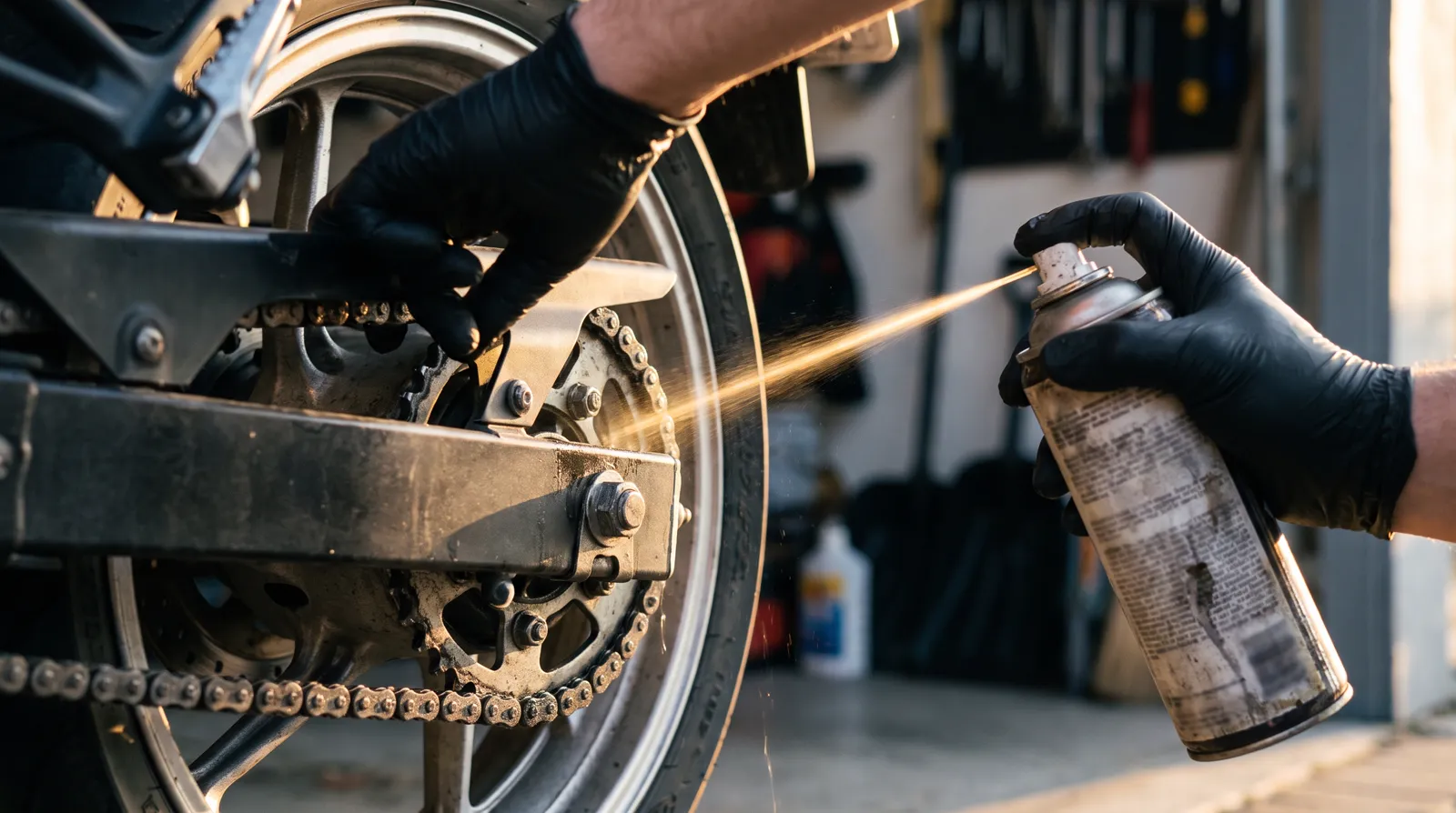 Como Lubrificar Corrente de Moto: Guia Completo em 6 Passos Fáceis 11 Como lubrificar corrente de moto com spray aplicado direto na corrente