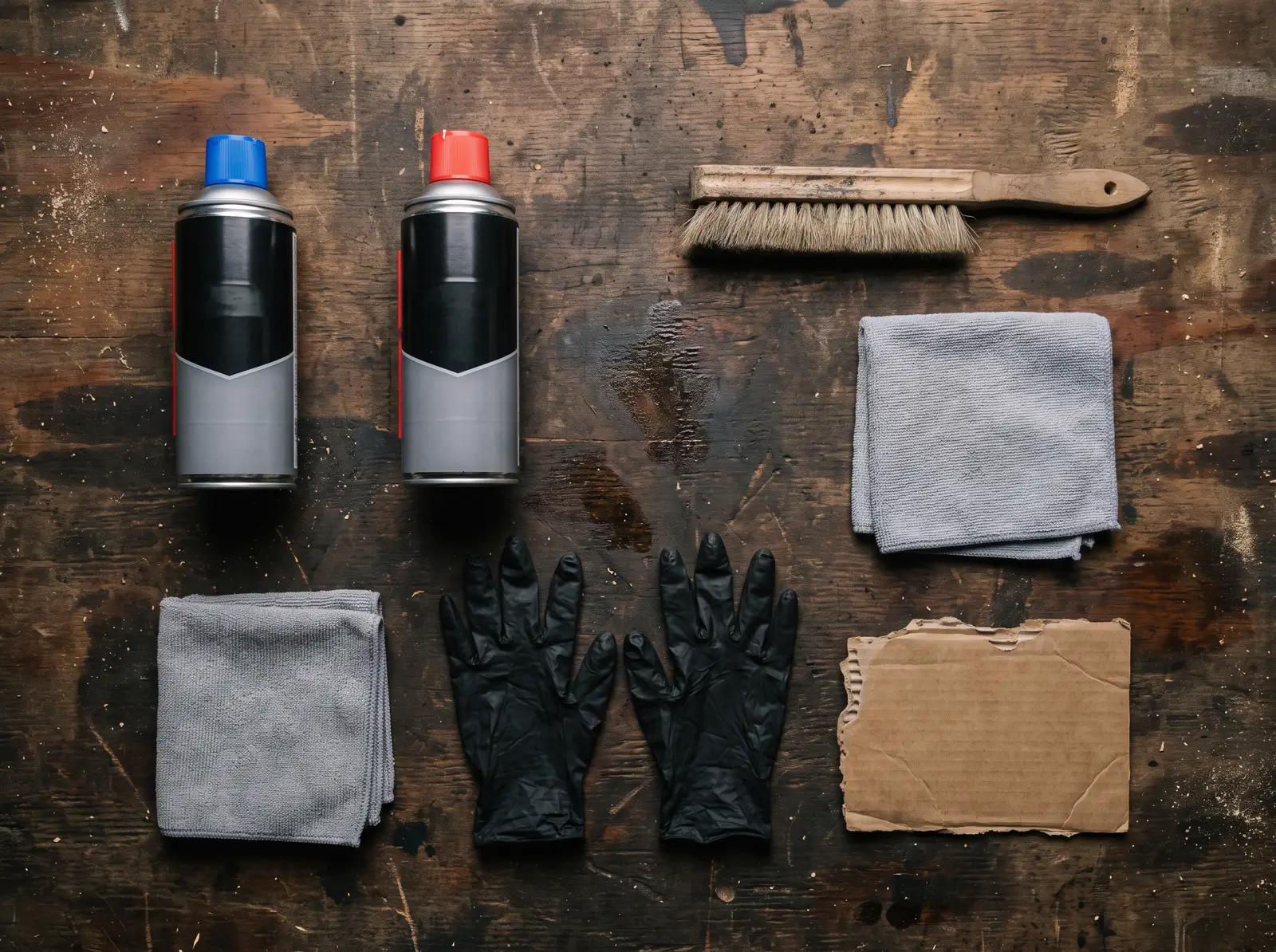 Como Lubrificar Corrente de Moto: Guia Completo em 6 Passos Fáceis 9 Materiais para lubrificar corrente de moto organizados sobre a bancada