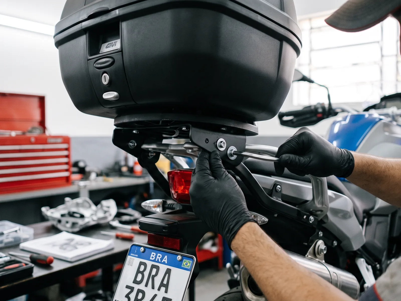 Aperto do suporte do top case no chassi da moto durante a instalacao